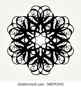 Ornate doodle round rosette in black over white backgrounds. Mandala formed with hand drawn calligraphic elements.