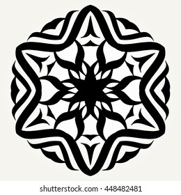 Ornate doodle round rosette in black over white backgrounds. Mandala formed with hand drawn calligraphic elements.