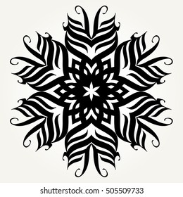Ornate doodle round rosette in black over white backgrounds. Mandala formed with hand drawn calligraphic elements.