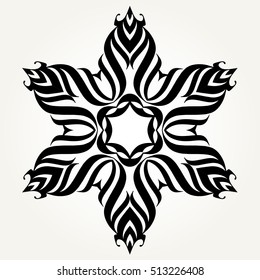 Ornate doodle round rosette in black over white backgrounds. Mandala formed with hand drawn calligraphic elements.