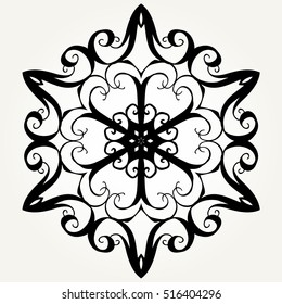 Ornate doodle round rosette in black over white backgrounds. Mandala formed with hand drawn calligraphic elements.