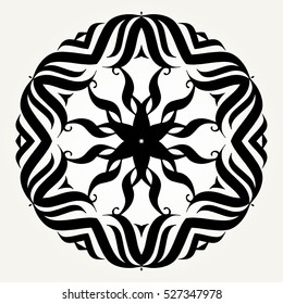 Ornate doodle round rosette in black over white backgrounds. Mandala formed with hand drawn calligraphic elements.