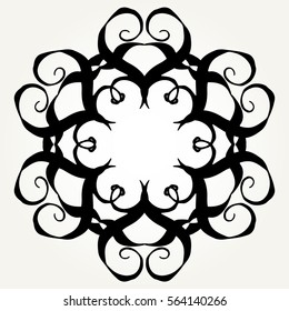 Ornate doodle round rosette in black over white backgrounds. Mandala formed with hand drawn calligraphic elements.