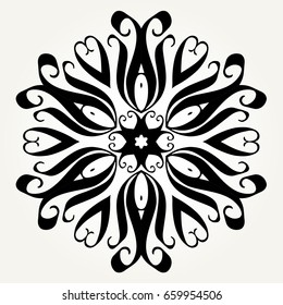 Ornate doodle round rosette in black over white backgrounds. Mandala formed with hand drawn calligraphic elements.