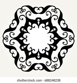 Ornate doodle round rosette in black over white backgrounds. Mandala formed with hand drawn calligraphic elements.