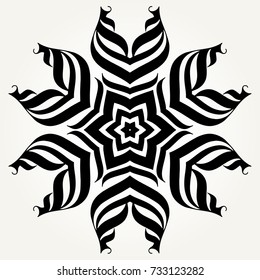 Ornate doodle round rosette in black over white backgrounds. Mandala formed with hand drawn calligraphic elements.