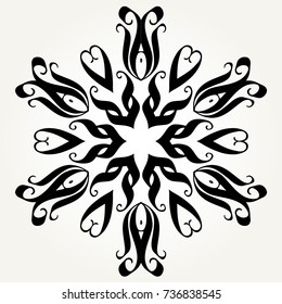 Ornate doodle round rosette in black over white backgrounds. Mandala formed with hand drawn calligraphic elements.