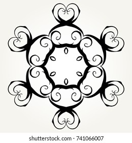 Ornate doodle round rosette in black over white backgrounds. Mandala formed with hand drawn calligraphic elements.