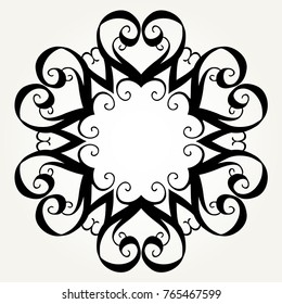 Ornate doodle round rosette in black over white backgrounds. Mandala formed with hand drawn calligraphic elements.