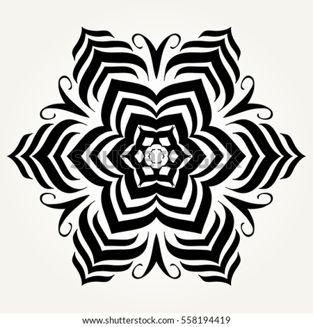 Ornate doodle round rosette in black over white backgrounds. Mandala formed with hand drawn calligraphic elements.