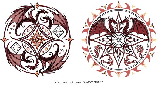 Ornate dragon medallions vector illustration featuring geometric dragon designs and decorative elements