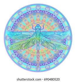 Ornate dragonfly over colorful round mandala pattern. Ethnic patterned vector illustration. African, indian, totem, tribal, zentangle design. Sketch for tattoo, posters, t-shirt print, fabric design.