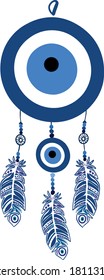 Ornate dream catcher with feathers and evil eye. Vector abstract illustration