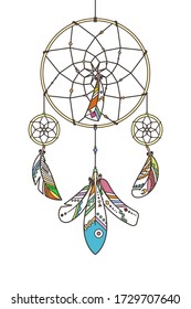 Ornate un cazador de sueños con plumas. Ilustración abstracta vectorial, estilo de línea moderno. Fondo o tarjeta de saludo con lugar para el texto