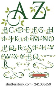 Ornate drop cap vector alphabet with swashes and natural leaf designs. Includes alternate letters and ornaments.