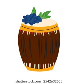 Tambor adornado con frutas en diseño plano. Símbolos del festival de vacaciones de Kwanzaa. Ilustración vectorial aislada.