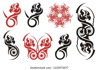 Ornate eagle elements for your design. Peaked ethnic eagle head in the fire form, ornate stripe and butterfly created from the eagles heads