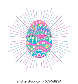 Ornate Easter egg. Decorative design element and sunburst. Cheerful spring colors. Vector illustration.