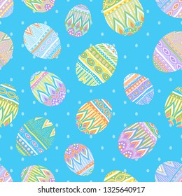 Ornate Easter Eggs On Blue Background Seamless Pattern, Digital Paper, Vector Illustration
