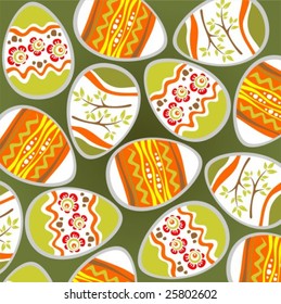 Ornate Easter eggs on a green background. Easter illustration.