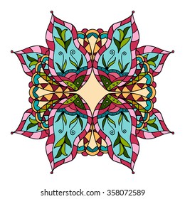 Ornate, eastern mandala with black contour. Vector, round, colorful ornament isolated on a white background.