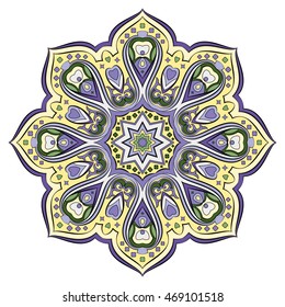 Ornate, eastern mandala with black contour. Vector, round, colorful ornament in lilac and yellow tones isolated on a white background.