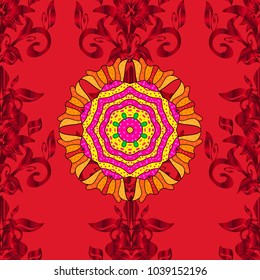 Ornate, eastern mandala with colored contour. Art, round, colorful ornament on a red, yellow and magenta colors.