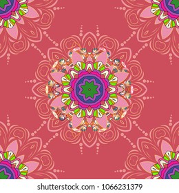 Ornate, eastern mandala with colored contour. Art, round, colorful ornament on a pink, beige, violet, green and black colors.