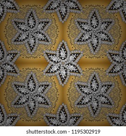 Ornate, eastern mandala with colored contour. Art, round, colorful ornament on a gray, yellow and white colors.