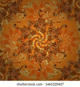 Ornate, eastern mandala with colored contour. Art, round, colorful ornament on a orange, yellow and black colors.