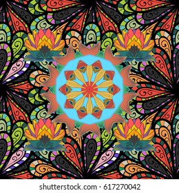 Ornate, eastern mandala with colored contour. Art, round, colorful ornament on a background.