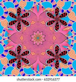Ornate, eastern mandala with colored contour. Art, round, colorful ornament on a red background.