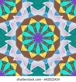 Ornate, eastern mandala with colored contour. Art, round, colorful ornament on a blue background.