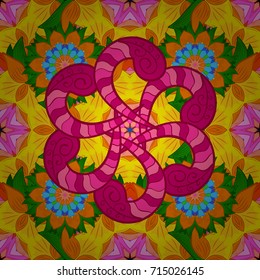 Ornate, eastern mandala with colored contour. Art, round, colorful ornament on a orange, yellow and magenta background.
