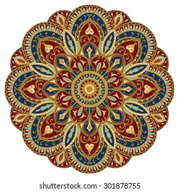 Mandala oriental con un contorno dorado. Vector, ornamento redondo y colorido aislado sobre un fondo blanco.