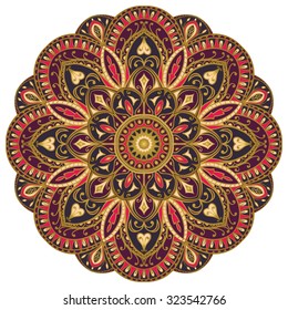 Ornate, eastern mandala with golden contour. Vector, round, colorful ornament isolated on a white background.