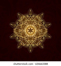 Ornate, eastern mandala with golden contour. Art, round, colorful ornament with gold gradient isolated on a brown background.