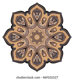 Ornate, eastern mandala with silver contour. Vector, round, colorful ornament in brown tones isolated on a white background.