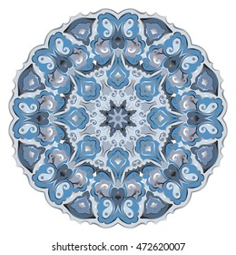 Ornate, eastern mandala with silver contour. Vector round colorful ornament in blue tones isolated on a white background.