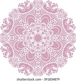 Ornate, eastern pink mandala. Vector, round, colorful ornament isolated on a white background.