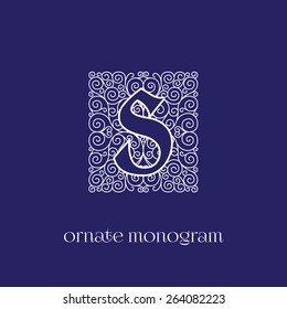 Ornate and elegant monogram design for a single letter S. Outline. Vector illustration.