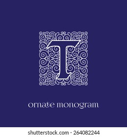 Ornate and elegant monogram design for a single letter T. Outline. Vector illustration.