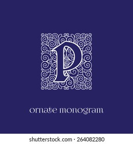 Ornate and elegant monogram design for a single letter P. Outline. Vector illustration.
