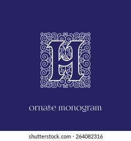 Ornate and elegant monogram design for a single letter H. Outline. Vector illustration.