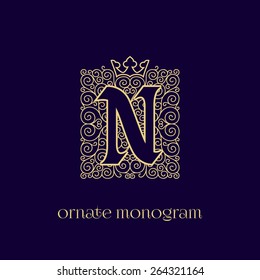 Ornate and elegant monogram design for a single letter N with crown. Outline. Vector illustration.