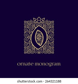 Ornate And Elegant Monogram Design For A Single Letter O With Crown. Outline. Vector Illustration.