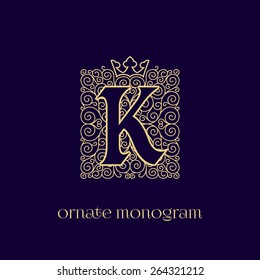 Ornate And Elegant Monogram Design For A Single Letter K With Crown. Outline. Vector Illustration.