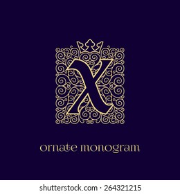 Ornate and elegant monogram design for a single letter X with crown. Outline. Vector illustration.