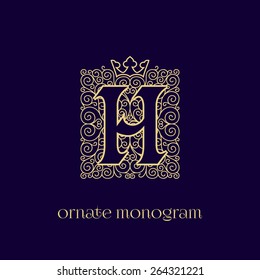 Ornate and elegant monogram design for a single letter H with crown. Outline. Vector illustration.