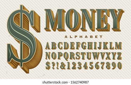 An ornate and elegant vector alphabet. This green and gold font has the stylings of money, stock certificates, and other financial instruments. Gives an expensive look to headline lettering.